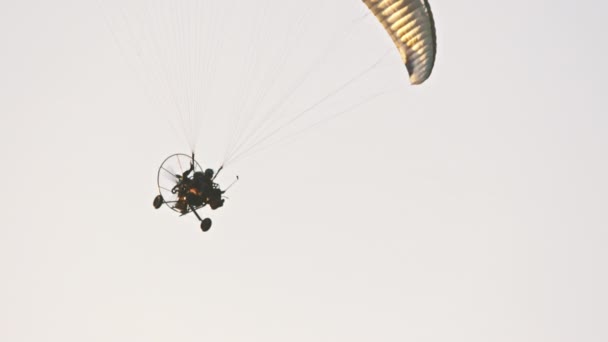 在降落伞下悬挂的飞行抛物面滑翔机 — 图库视频影像