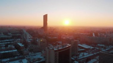 Aerial view of sunset in Wroclaw, Poland. Skyscraper against the beautiful sky 