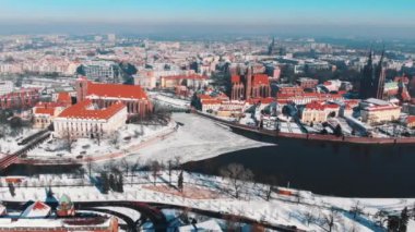 Aerial footage of Wroclaw, Poland. Center Town Hall, Market Square, Sky Tower 