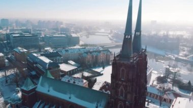Drone footage of the Old Town square in Wroclaw. Cathedral Island, Market Square