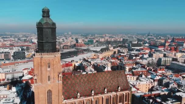 Aerial View Of St. Mary Magdalene And Elisabeth Churches In The City of Wroclaw — Stock Video