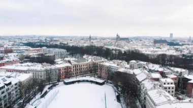Drone footage of Krakow, Poland, with royal Wawel castle during the winter season