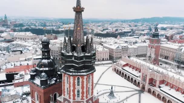 Slow motion footage of Old city center. Closeup of Adam Mickiewicz monument, St. Marys Basilica — Stockvideo