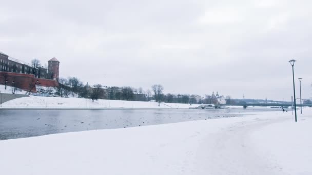 Panoramic footage of Wawel castle, A famous landmark in Krakow Poland - River Wisla — Wideo stockowe