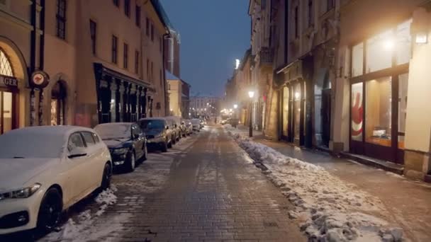 Parked cars covered with snow in Krakow - Light snowfall - Winter season concept — Vídeo de stock