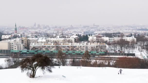 View from Kopiec Krakusa - Man Walking with his dog On The Snowy Landscape — Vídeo de Stock