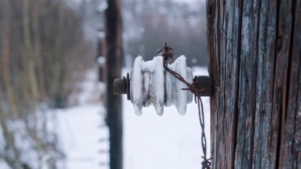 Closeup view of snow-covered electric fence with barbed wires in Auschwitz -Snowfall — ストック動画