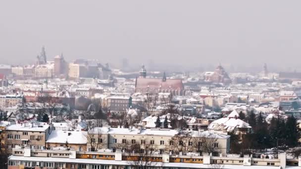 Panoramic footage of Krakow View from Kopiec Krakusa. City skyline - Winter Season — Wideo stockowe