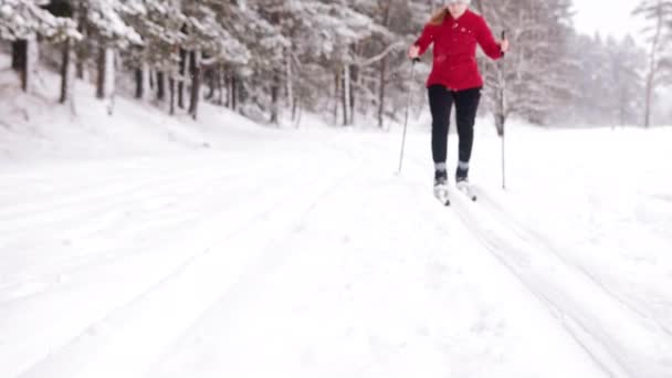 Menina vestindo esqui vermelho superior em uma pista de esqui durante a queda de neve - Esportes de Inverno — Vídeo de Stock