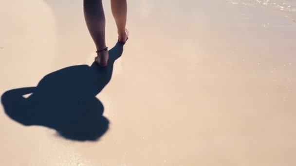 Кадри жінки, що йдуть на пісок пляжу в яскравий сонячний день — стокове відео