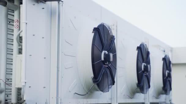 Primo piano filmato di ventilatori industriali in una parete bianca di una fabbrica per la ventilazione — Video Stock