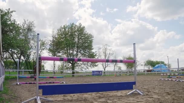 Mulher cavaleiro em um cavalo saltando sobre uma cerca em Sandy Parkour eventos equestres — Vídeo de Stock