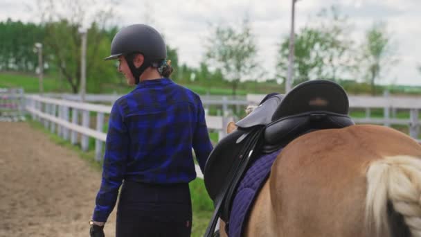 Lovas nő sétál vele gyönyörű ló a homokos földön - Visszapillantás — Stock videók