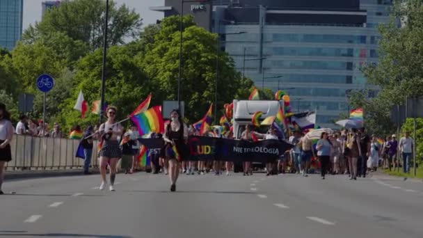 在一次骄傲游行中为LGBTQ权利游行。举着彩虹旗和透明的街道行走的人 — 图库视频影像