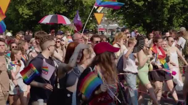 Marcha por los derechos LGBTQ en un desfile de orgullo. Grupo de personas caminando en la calle con ropa colorida — Vídeo de stock