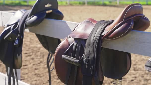 Two Leather Saddles Hanging On The Wooden Fence In The Sunlight - Horse Ranch — Stock Video