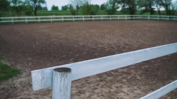 Drewniany płot w Sandy Arena na zawody jeździeckie - stadnina koni — Wideo stockowe