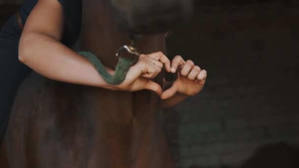 Horsewoman Holding Her Dark Bay Horse With Love - Fare un cuore con le dita — Video Stock