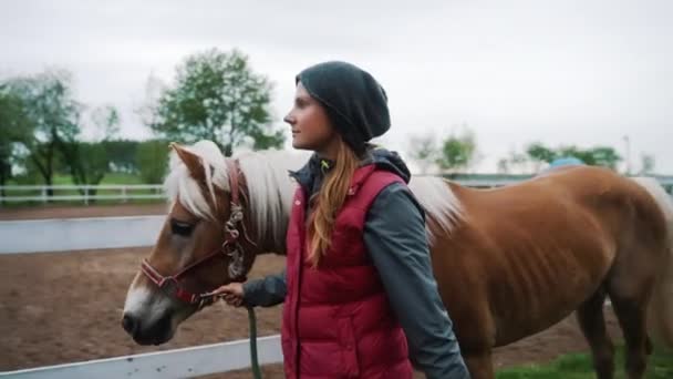 Młody dżokej biorąc jej brązowy koń z a blondynka grzywa dla a jeździć w dzień — Wideo stockowe