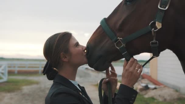 Horse Owner zoenen haar zegel bruin paard met liefde het houden van de touw van haar paard — Stockvideo