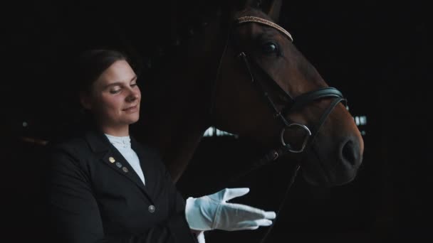 Femme de cheval debout avec son cheval brun foncé dans l'écurie portant ses gants — Video