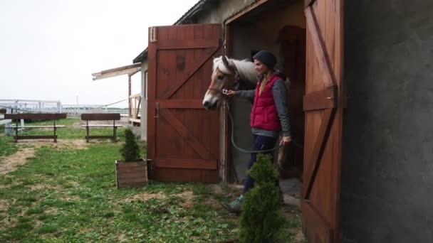 Vrouw jockey nemen haar bruin paard met een blond manen uit van de stal — Stockvideo