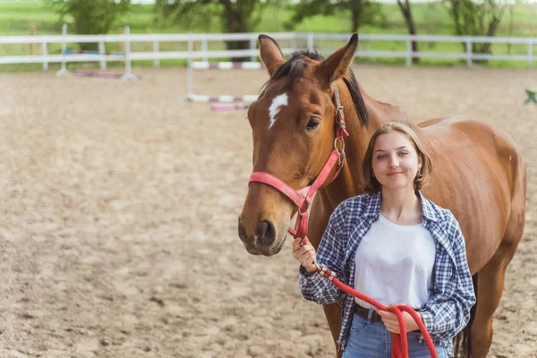 Young Girl With A Bay Horse Standing In The Stable Girl Holding Horse Lead Rope — Stock Photo, Image