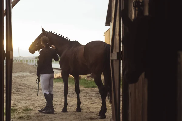 Mulher de cavalo de pé com seu cavalo Dark Bay no rancho de cavalos - Visão traseira — Fotografia de Stock