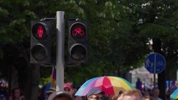 Desfile del Orgullo LGBTQ - Personas que sostienen paraguas y banderas de color arco iris LGBTQ — Vídeos de Stock