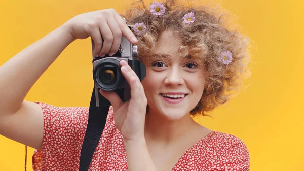 Attractive Girl Holding A Vintage Camera Taking A Picture Girl In A Joyful Mood