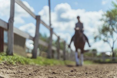 Gün boyunca Sandy Arena 'da Ata Binen Kadın Sürücü - Düşük Açı