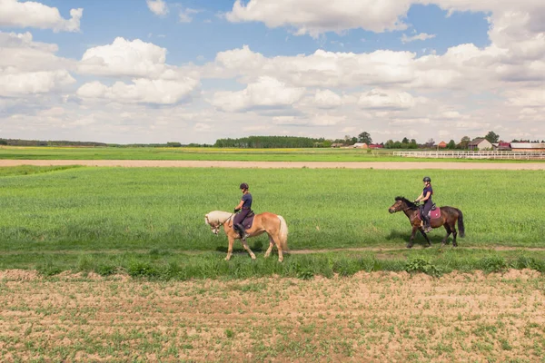 Two Horse Riders On A Palomino Horse And A Dark Bay Horse Moving Across The Field