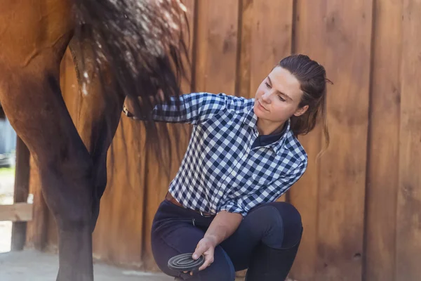 Female Horse Owner With Her Dark Bay Horse In The Horse Stable - Horse Hoof Care — Stock Photo, Image