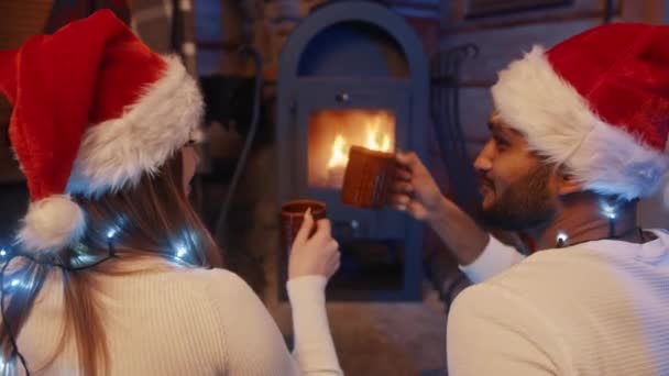 A couple in love toasting near a stove in which there is a flame of fire — Stock Video