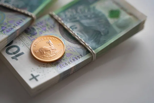Un ducado de oro y dos cantidades de dinero polaco empacadas, atadas con bandas elásticas sobre una superficie blanca — Foto de Stock