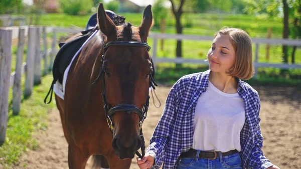 Young female unbuttoned shirt, white T-shirt with a smile on her face holding a horse by the leash and looking at him — Stock Photo, Image