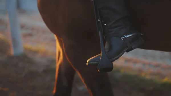 O foco está na frente do cavalo e seu par de pernas com uma pessoa irreconhecível e sua bota em um esporão perto do pilar — Fotografia de Stock