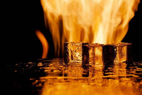 Fogo e gelo, cubos de gelo e chamas, fundo preto — Fotografia de Stock