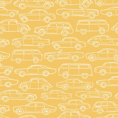 Beyaz vektör çizgisi sarı eski arabalar pürüzsüz desen