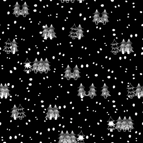 Vector black white snow, trees seamless pattern — Stock Vector