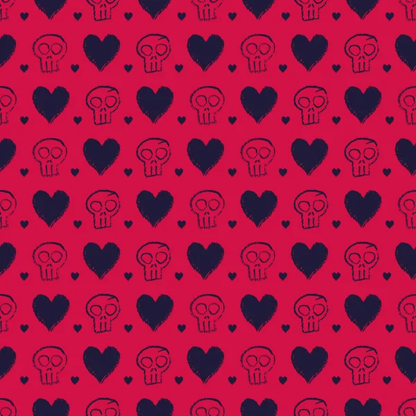 Vector dark hearts skulls red seamless pattern — Stock Vector