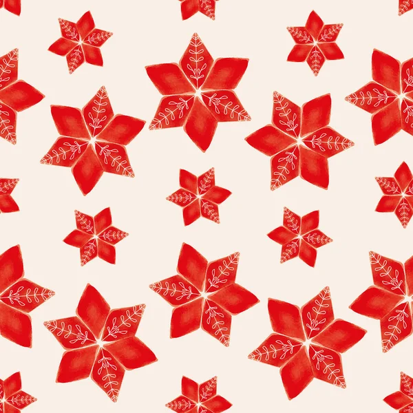 Vector red flower poinsettia ecru seamless pattern — Stock Vector