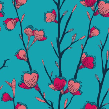 Vektör pembe çiçekler mavi ve pürüzsüz deseni dallandırır