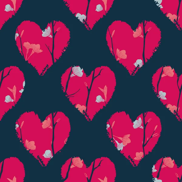 Векторные черные красные сердечки цветы бесшовный узор — стоковый вектор
