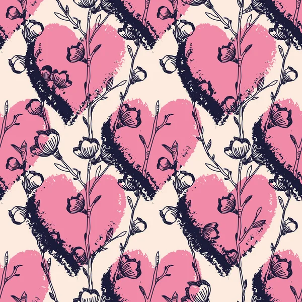 Vector pink hearts flowers ecru seamless pattern — Stock Vector