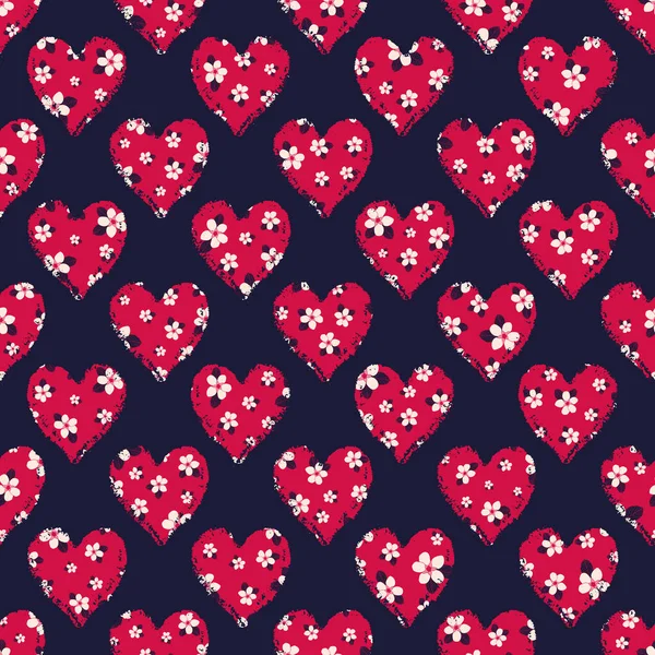 Vecteur noir coeurs rouges fleurs motif sans couture — Image vectorielle