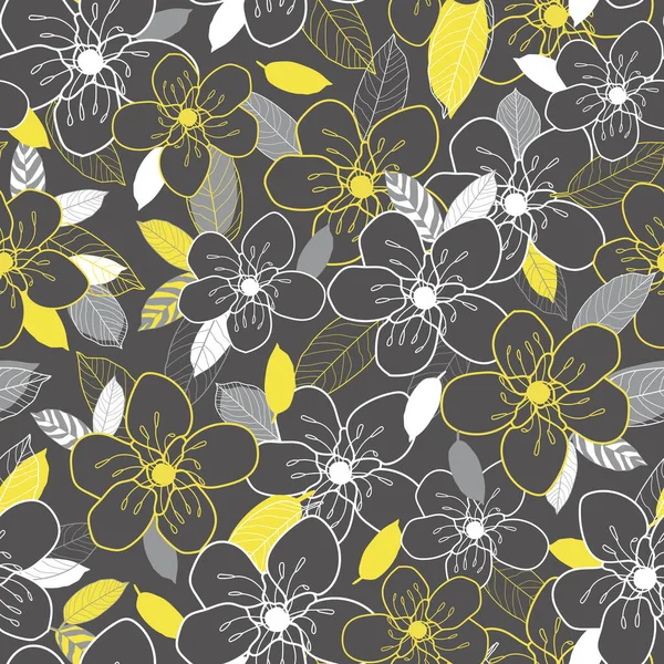 Vetor amarelo flores cinzentas deixa padrão sem costura — Vetor de Stock