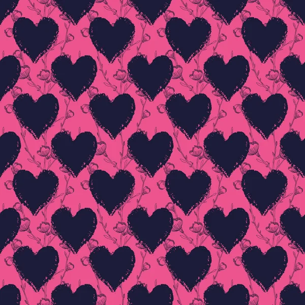 Vector zwarte harten bloemen roze naadloos patroon — Stockvector