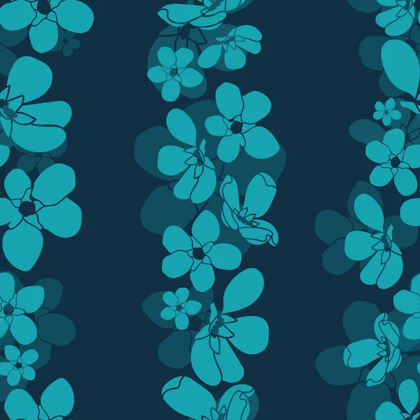 Vector blue cherry flowers dark seamless pattern — Stock Vector