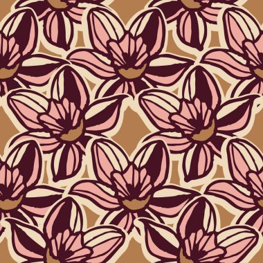 Vektör ekru pembe kahverengi çiçekler pürüzsüz desen 